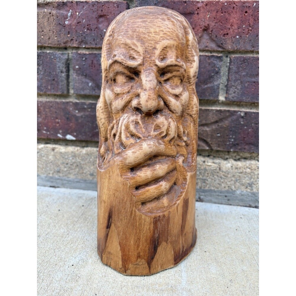 Vintage USSR Russian Handcarved "Man Stroking His Beard" Wood Sculpture 10" High